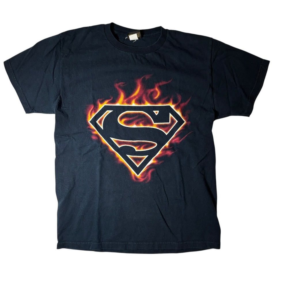 Vtg Warner Bros Superman Mens Shirt M Black Flame‎ Logo Y2K Retro Punk Superhero